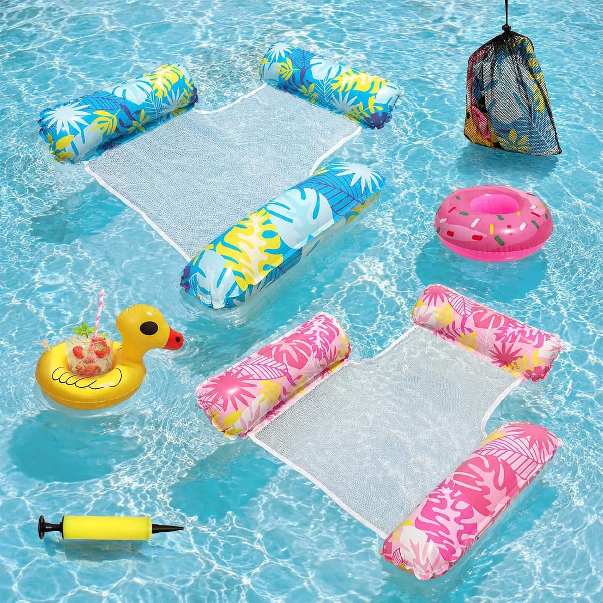 SnelShoppen - Waterhangmat 2 stuks met bekerhouder, luchtpomp en opbergtas - 4-in-1 opblaasbare zwemstoel voor volwassenen, ideale zwembadaccessoire,
