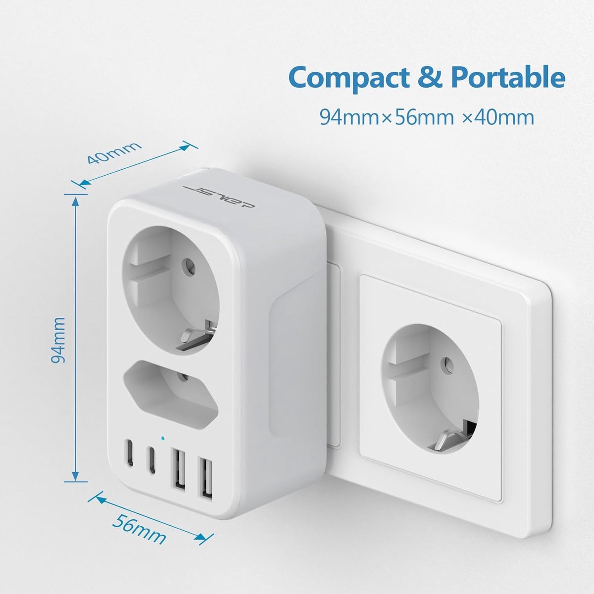 Thijox - Stekkerdoos met Meerdere Stopcontacten, Adapterstekkers, 2 USB-A en 2 USB-C poorten, 3680W, 16A, Kantoor, Thuis, Reis, Wit
