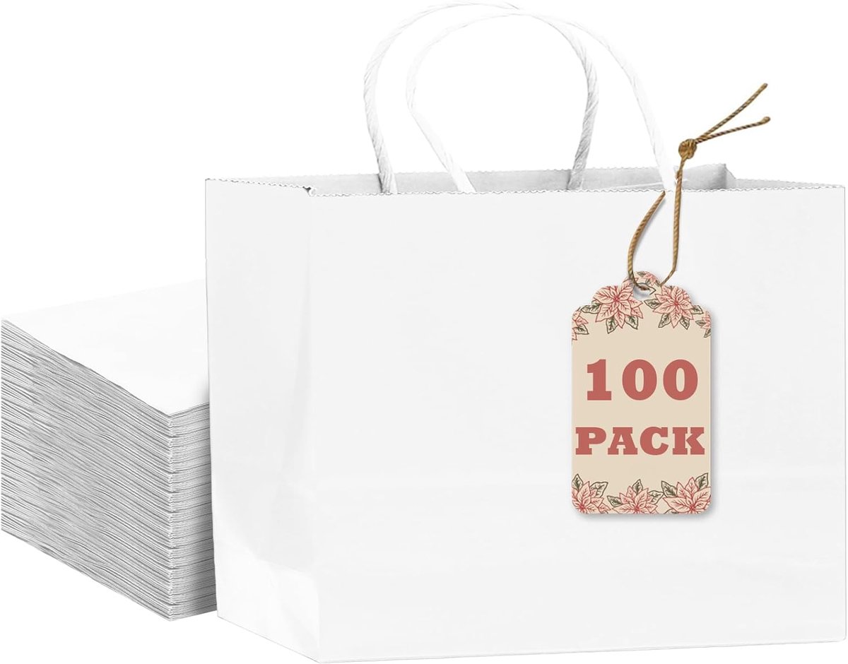 SnelShoppen - 100 Witte Papieren Cadeautassen met Handvatten 30x10x25 cm - Stevige Feesttassen voor Verjaardagen, Feestjes en Cadeaus