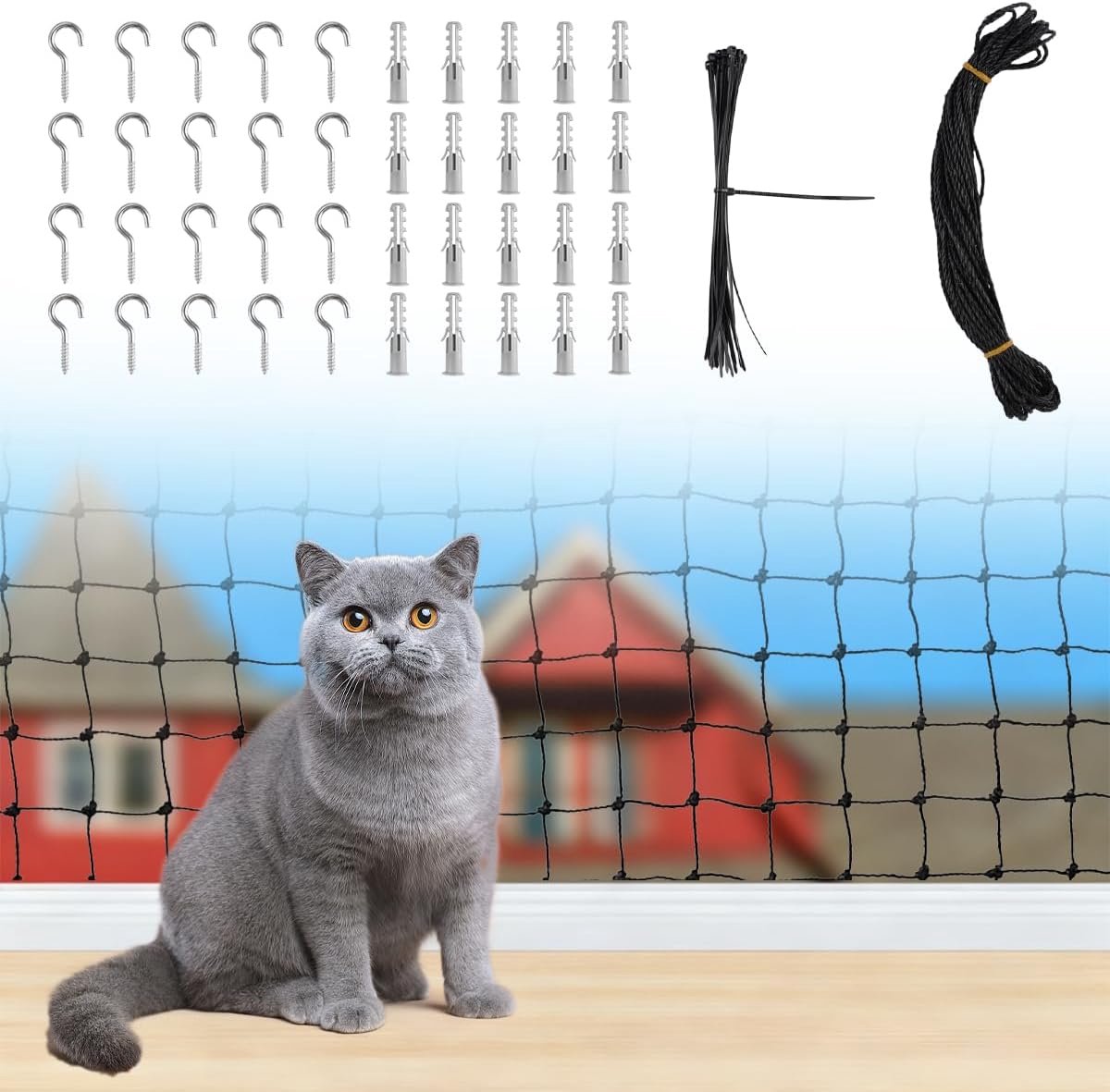 SnelShoppen - Kattennet voor Balkon 4x4m - Nylon Balkonbescherming voor Katten - UV Bestendig en Weerbestendig - Inclusief Montagemateriaal - Zonder B