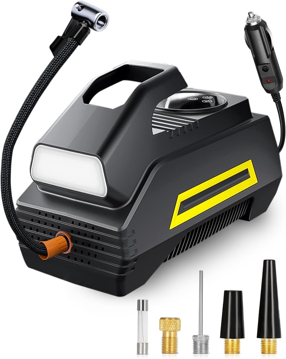 SnelShoppen - 12V Elektrische Auto Banden Pomp, Draagbare Luchtcompressor met Auto-Stop, LCD Scherm & LED Lamp, 35L/Min, 2.8m Snoer voor Auto, Fiets,