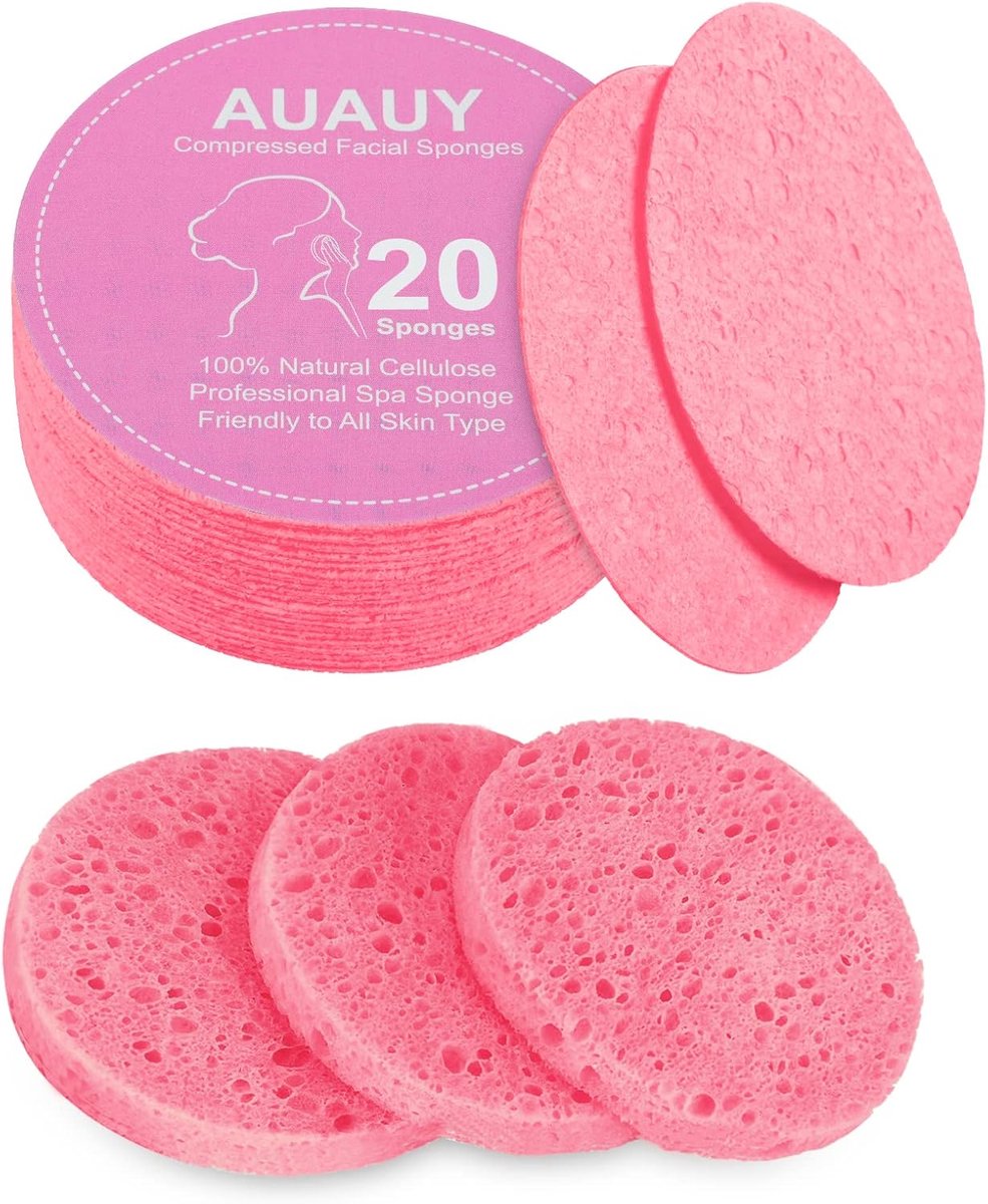 SnelShoppen - 20 Pcs Gecomprimeerde Gezichtsponsjes - Cellulose Make-up Verwijderaar - Rond - Perfect voor Gezichtsbehandeling en Peeling - Roze