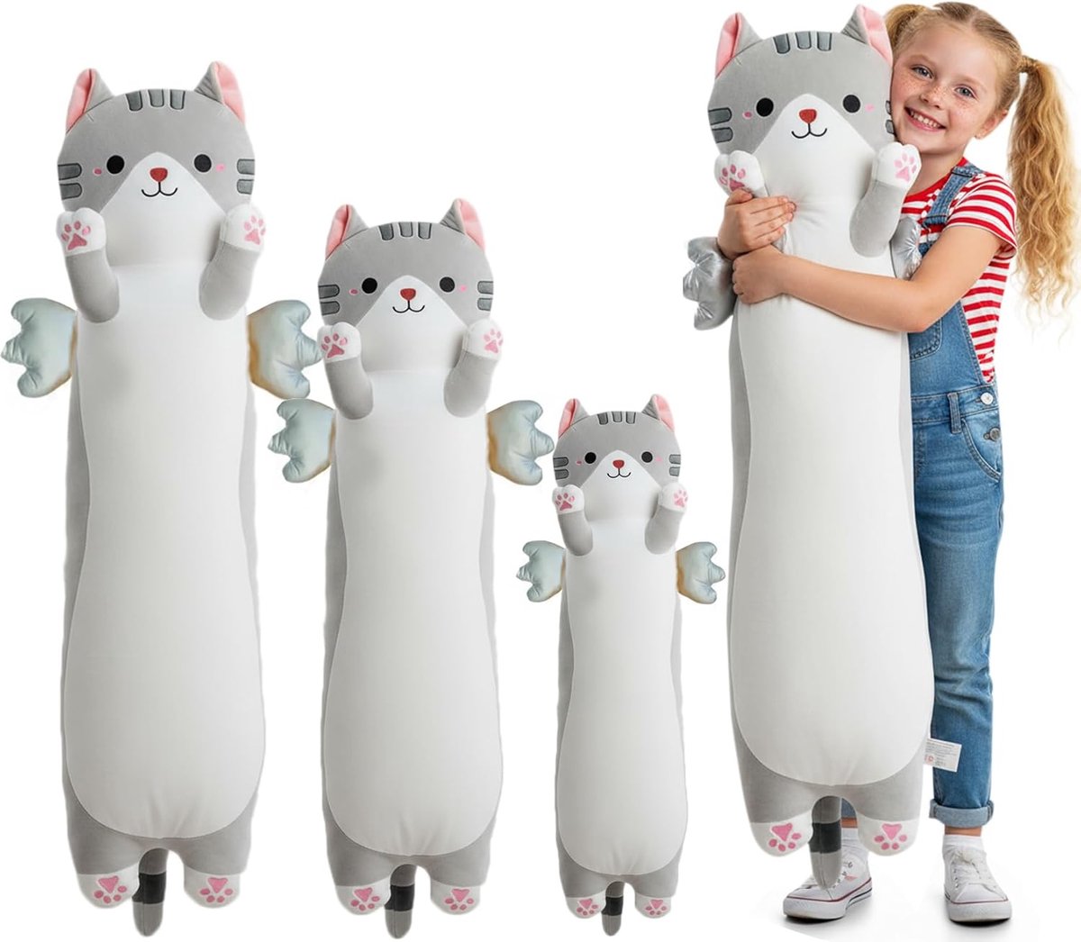 SnelShoppen - Long Cuddly Pillow Cat - Schattige Pluche Kat Kussen met Vleugels - Zacht Kawaii Kussen voor Knuffelen - Perfect Cadeau voor Kinderen -