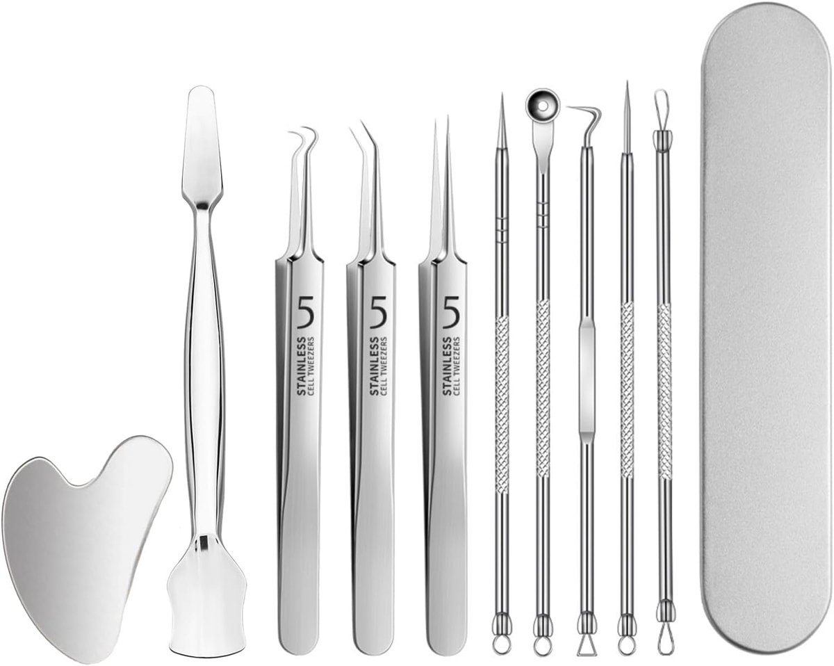 SnelShoppen - Blackhead Remover Set van 10 Comedone Pegs, Hoogwaardige RVS Set voor het Verwijderen van Zwarte Punten, Mee-eters, Puisten en Witte Hoo