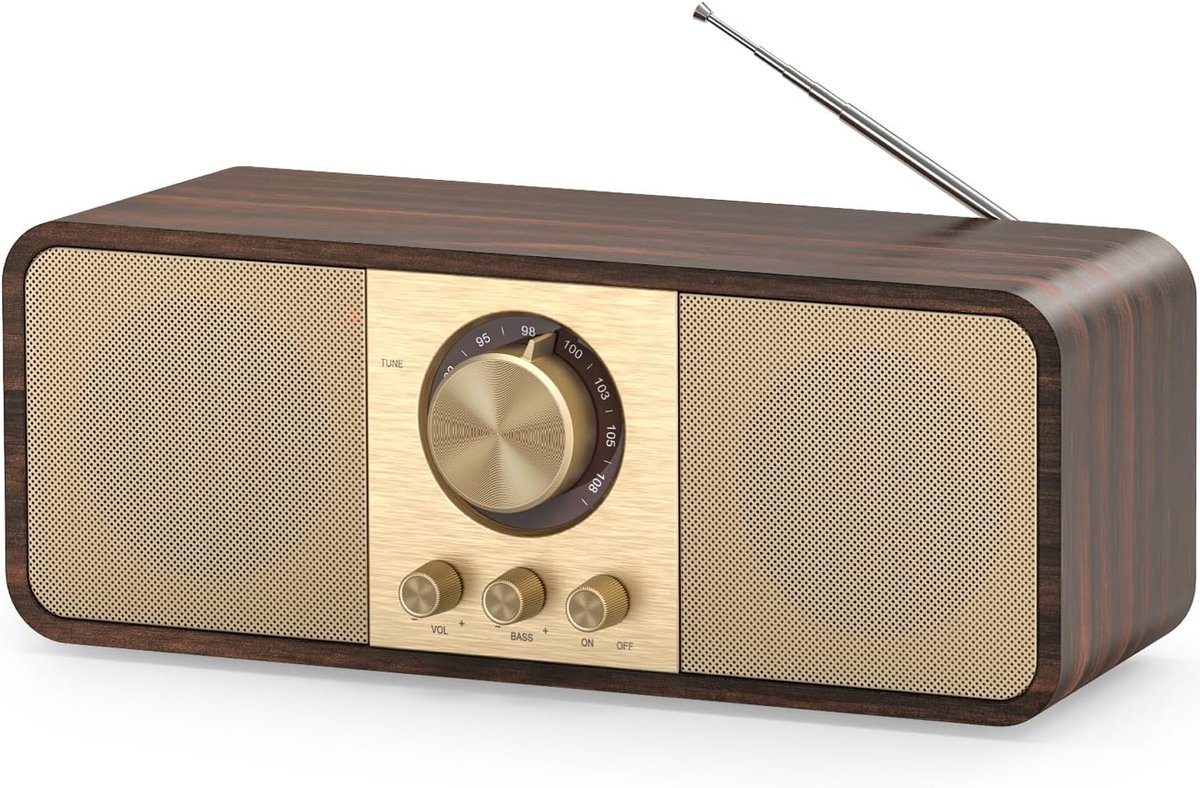 SnelShoppen - Retro Nostalgie Radio met Bluetooth, TF Card, 3000mAh Accu, 2 x 8 Watt Woofers, AUX/USB, Ideaal voor Keuken, Slaapkamer, Kantoor