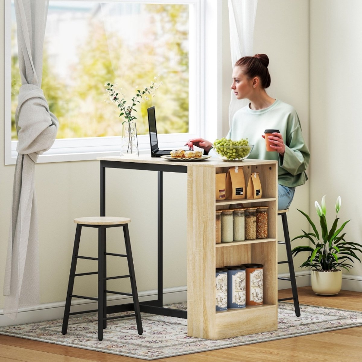 DESMIU Bartafelset 91 X 49 X 91 Cm - 3-Delig Met Opbergruimte En Voetensteunen - Voor Keuken En Eethoek - Hout Metaal - Zwart Eikenkleur