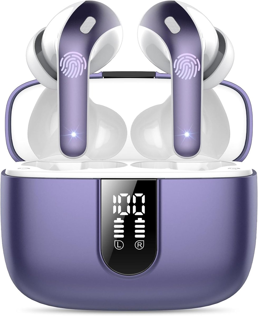 Thijox - Draadloze Oordopjes Bluetooth 5.3 met 4 ENC Microfoons, 50 Uur Speeltijd, IPX7 Waterdicht, Bass Versie 2.0, Classic Phantom Paars voor Sport