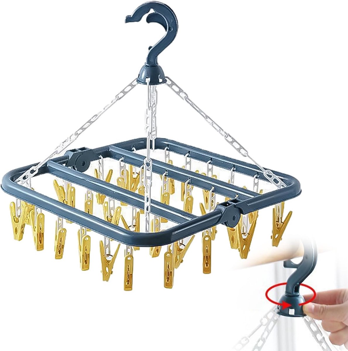 SnelShoppen - Vouwbaar Wasrek met 32 Clips, Winddicht en Ruimtebesparend, Voor Sokken, Ondergoed, Handdoeken - Blauw met Geel