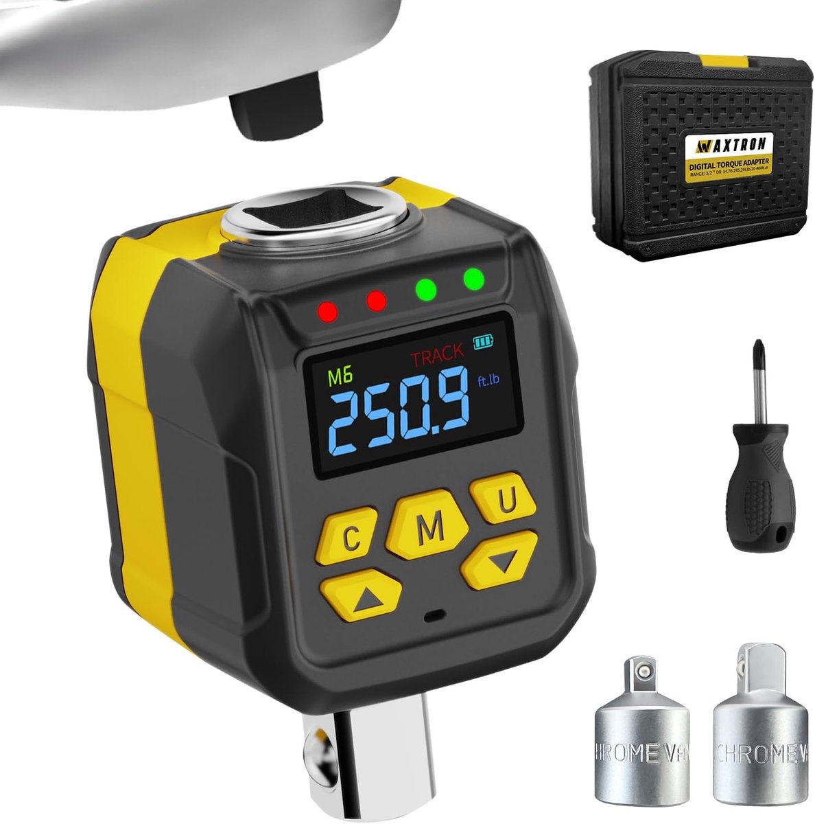 SnelShoppen - Digital Torque Adapter 1/2 inch met 10.2-340 Nm ±2% Precisie, Kleur LCD Scherm, Geluid en Licht Waarschuwing, Inclusief 1/4" en 3/8" Ada