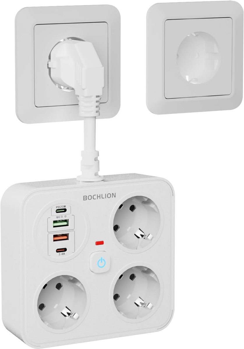 SnelShoppen - Power Strip met 4 USB-poorten, 3 Meerdere Sockets, Ruimtebesparend met Overspanningsbeveiliging, PD20W en QC3.0 Snelladen, Perfect voor