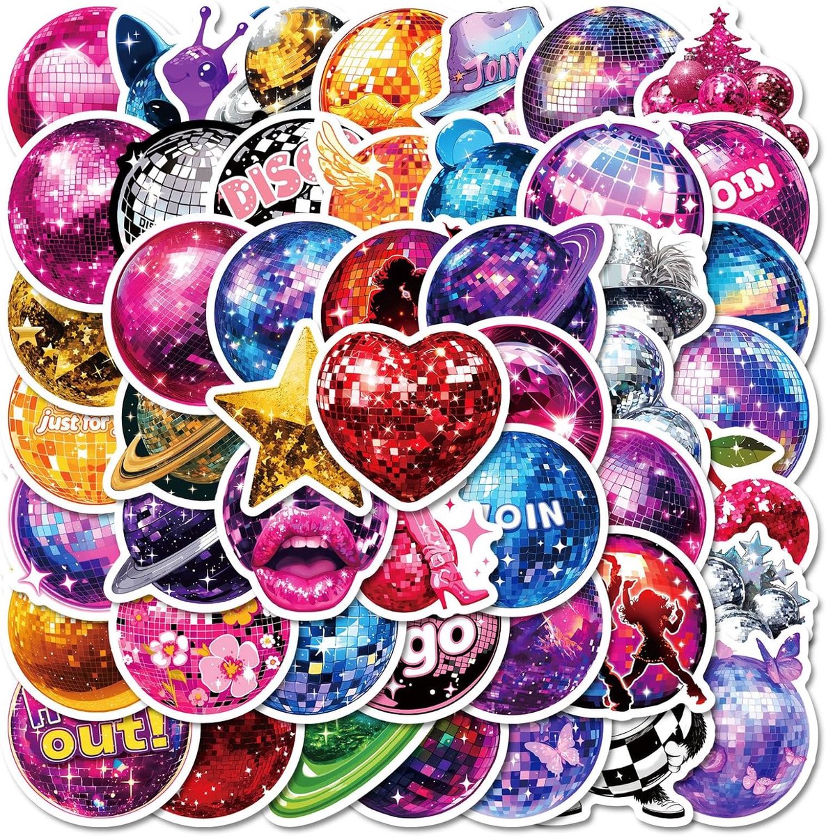 SnelShoppen - 50 Disco Stickers - Retro 70s 80s Disco Ball Stickers - PVC Vinyl - Kleurige Versieringen voor Skateboard, Motor, Fiets, Koffer, Laptop,