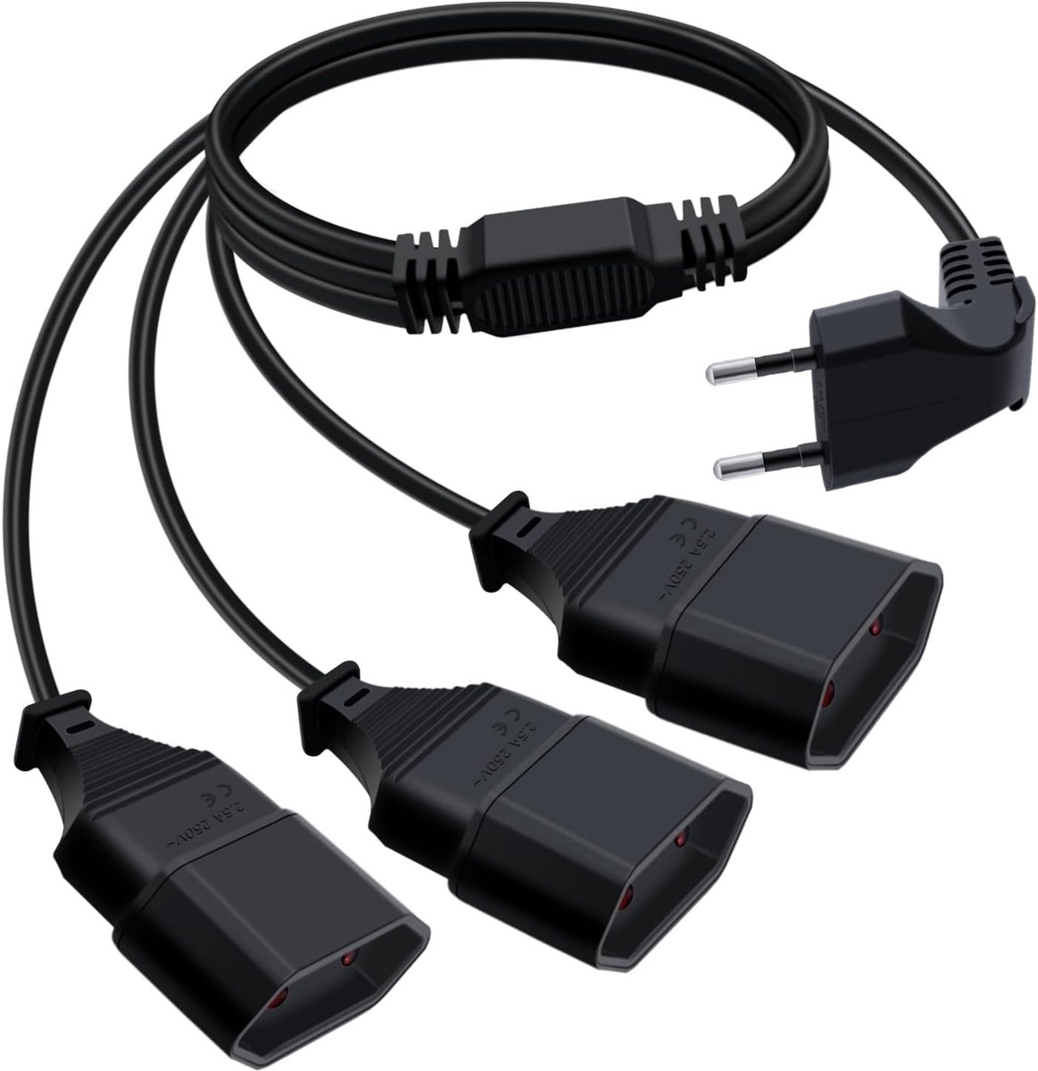 SnelShoppen - Euro Plug 3 naar 1 Verlengsnoer 90° Stekkerdistributie 3x 2.5A 250V - Plat naar Rond - Zwart - 1m voor Huishoudelijke Apparaten, TV, Cam