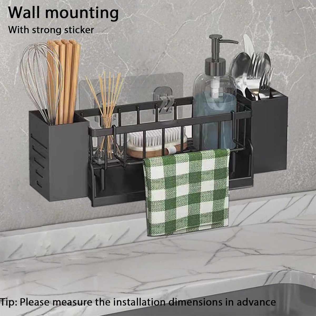 SnelShoppen - Multifunctionele Sink Organizer - Keuken Spons Houder met Automatische Afvoerpan - Muurbevestiging - Zwart - Perfect voor Sponsen, Borst