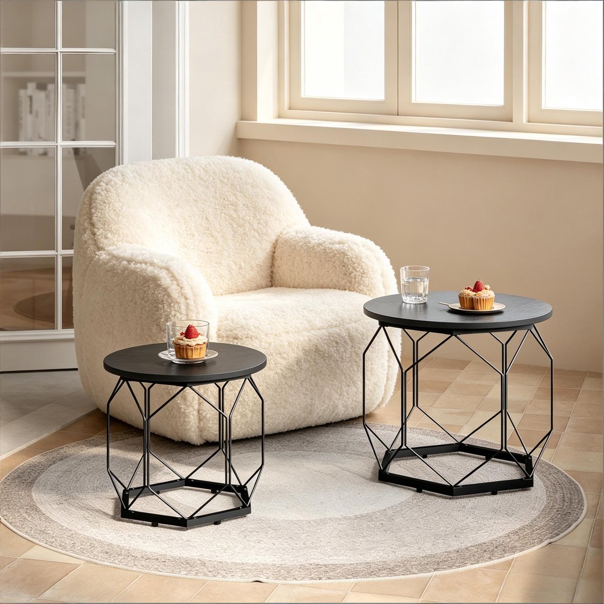 MODENUIT Bijzettafel Set Van 2 - Ronde Tafels Met Afneembaar Blad - Voor Woonkamer - Zwart - 50 Cm
