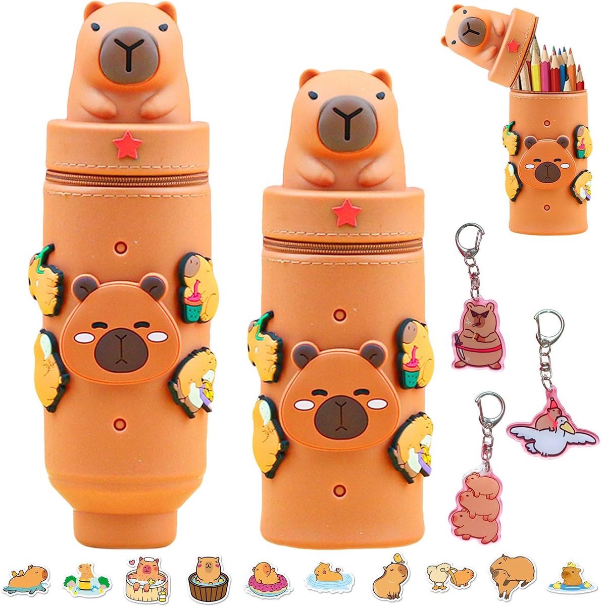 SnelShoppen - Capybara Siliconen Pennenhouder met 25 Stickers en 3 Sleutelhangers, Kawaii Bureau-Organizer, Desk Accessoires, Creatieve Opslag voor Ka