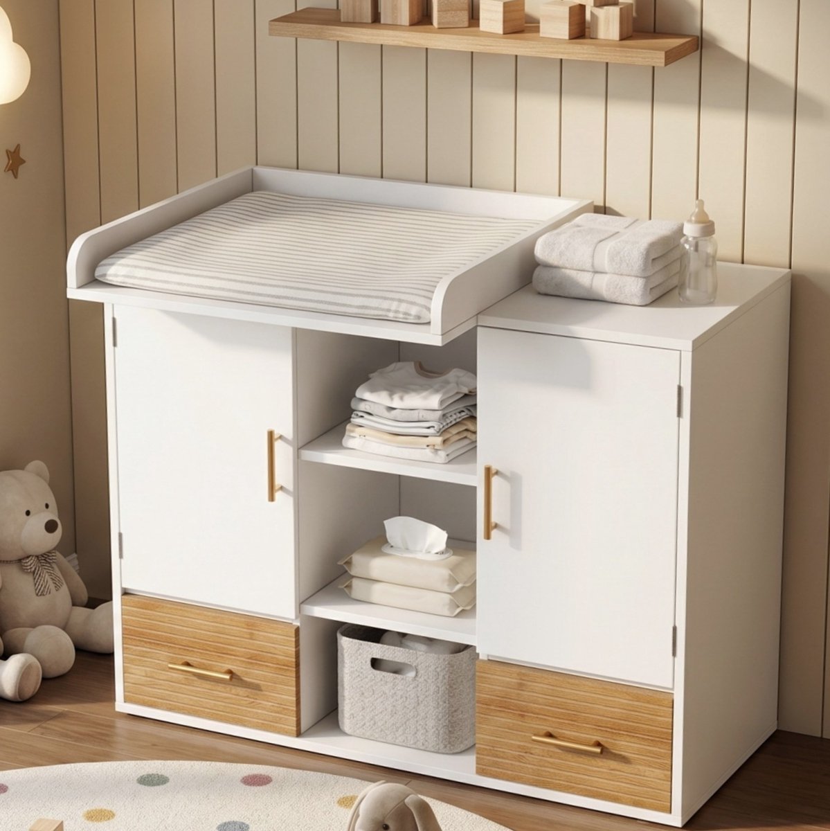 Kast Luiercommode - 114 x 53 x 92 cm - Afneembaar Opzetstuk - MDF - Wit En Naturel - Met 2 Laden, Deuren En Legplanken