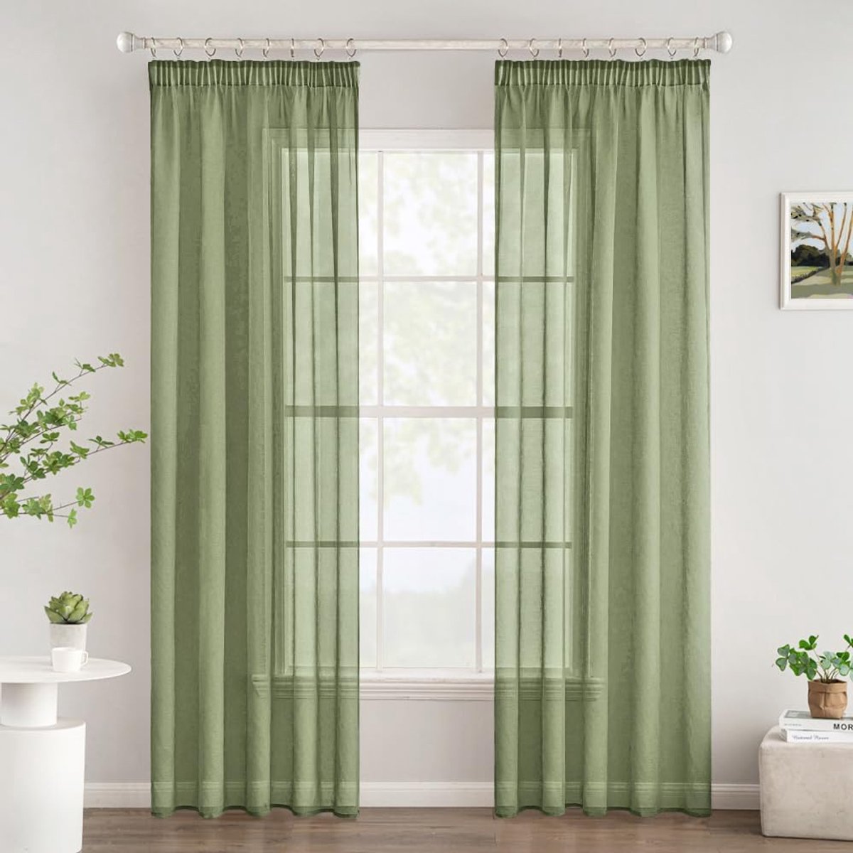 SnelShoppen - Transparante Gordijnen met Ruffle Tape, Modern Decoratieve Gordijnen voor Slaapkamer en Woonkamer, Set van 2, 140 x 260 cm, Sage Groen,