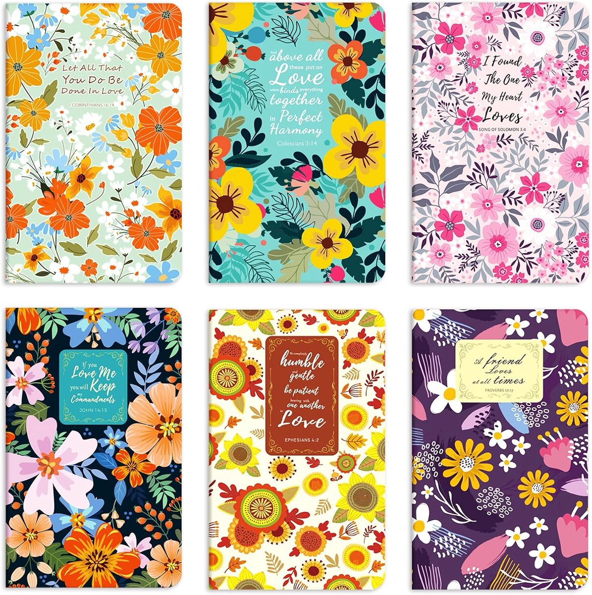 SnelShoppen - 6 Packs Bloemige Notitieboekjes met Bijbelverzen en Inspirerende Citaten, 80 Pagina's, 5"x8" Klein Schrijfblok, Lined Notepad voor Chris