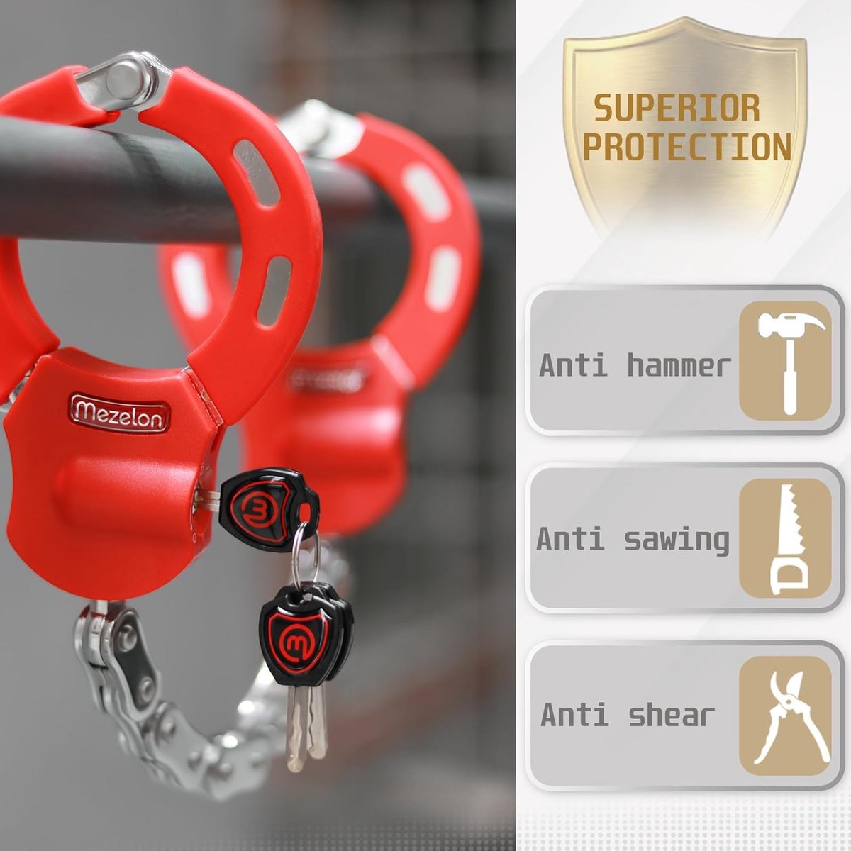 SnelShoppen - Mezelon High Security Handcuffs Lock voor E-Scooter, Fiets, E-Bike, Motorfiets - Rood - Stijl A - Hoogwaardig Staal, Snijbestendig, Robu