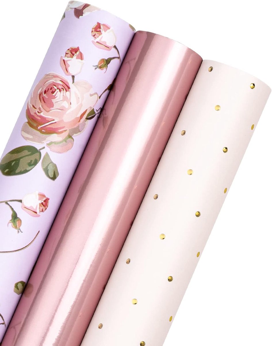 SnelShoppen - Cadeaupapier Rol Mini, 43.2 cm x 3.05 m, 3 Designs, Roze en Roségoud, Perfect voor Valentijnsdag, Moederdag, Feestdagen