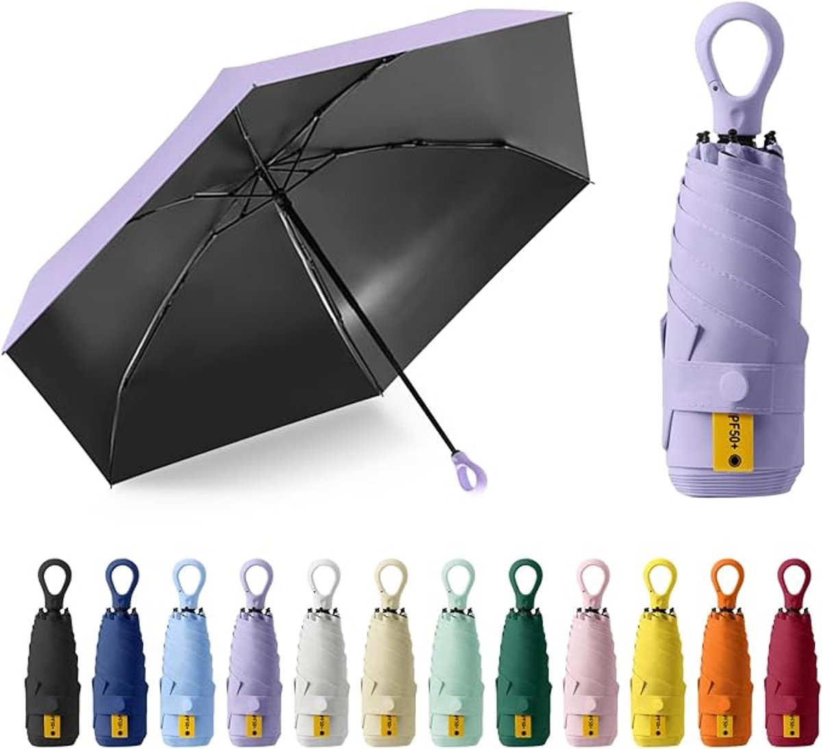 Zonneparaplu, zakparaplu, UPF50+, mini-paraplu met 6 baleinen, ringhandvat met opbergdoosje, geschikt voor zonnige en regenachtige dagen - paars