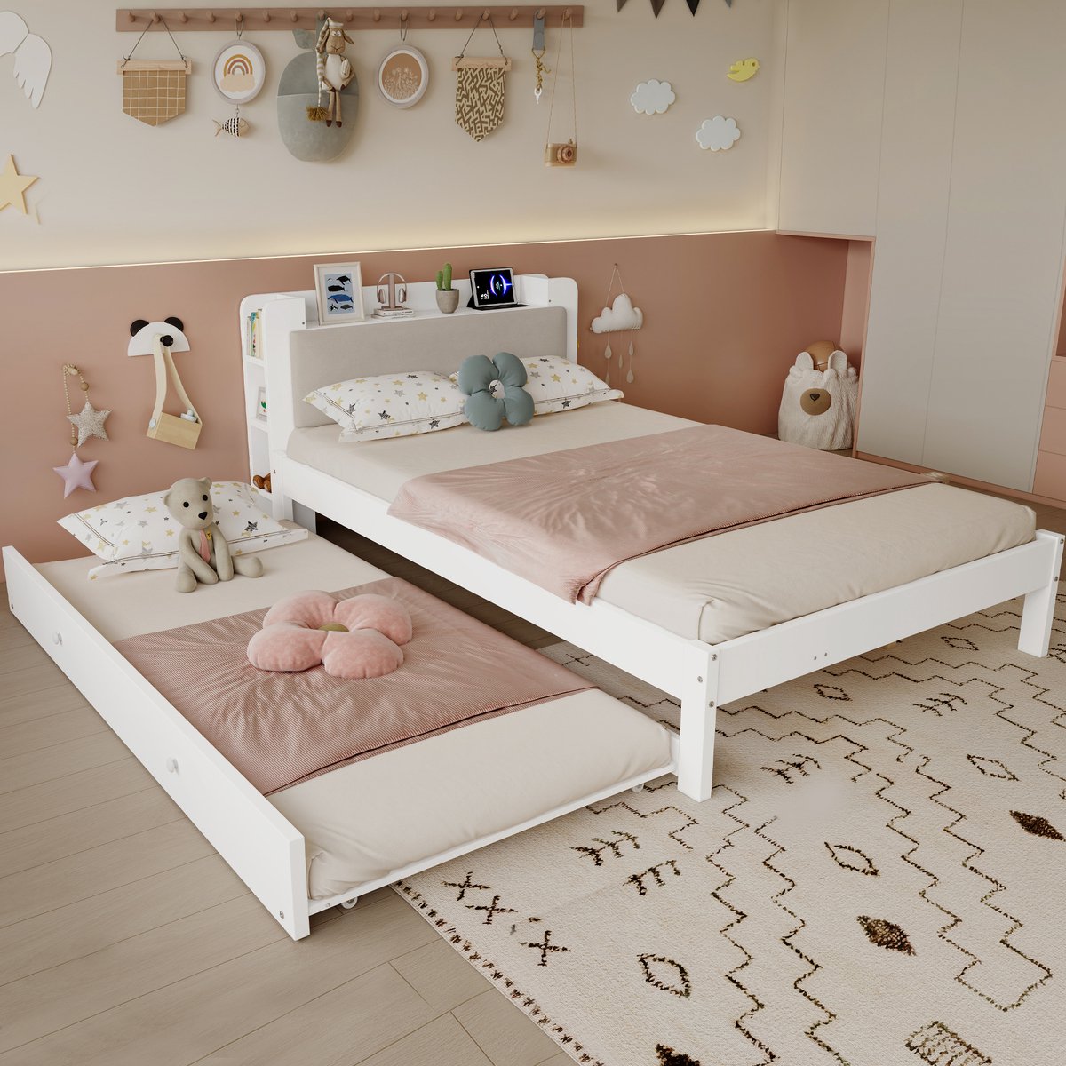 Sweiko Houten bed - 120 x 200 cm - Met uitschuifbaar bed - Opbergplanken - Met oplaadpoort - Wit