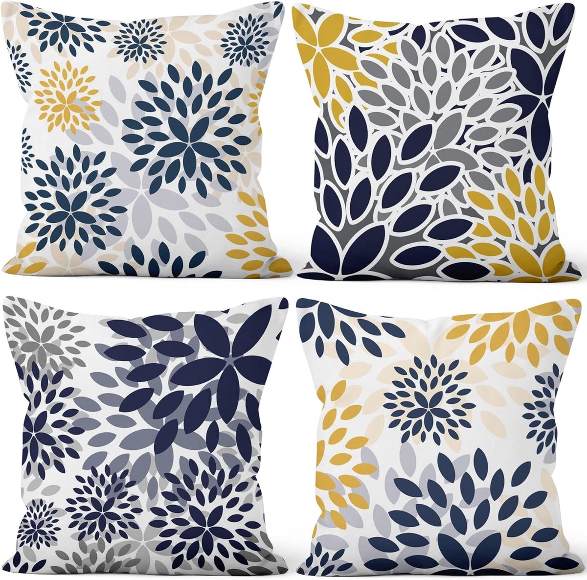 SnelShoppen - Set van 4 Boho Bloemen Kussenslopen 45x45 cm voor Sofa, Slaapkamer, Auto - Zachte Katoen Polyester Kussenhoezen met Rits in Blauw en Gee