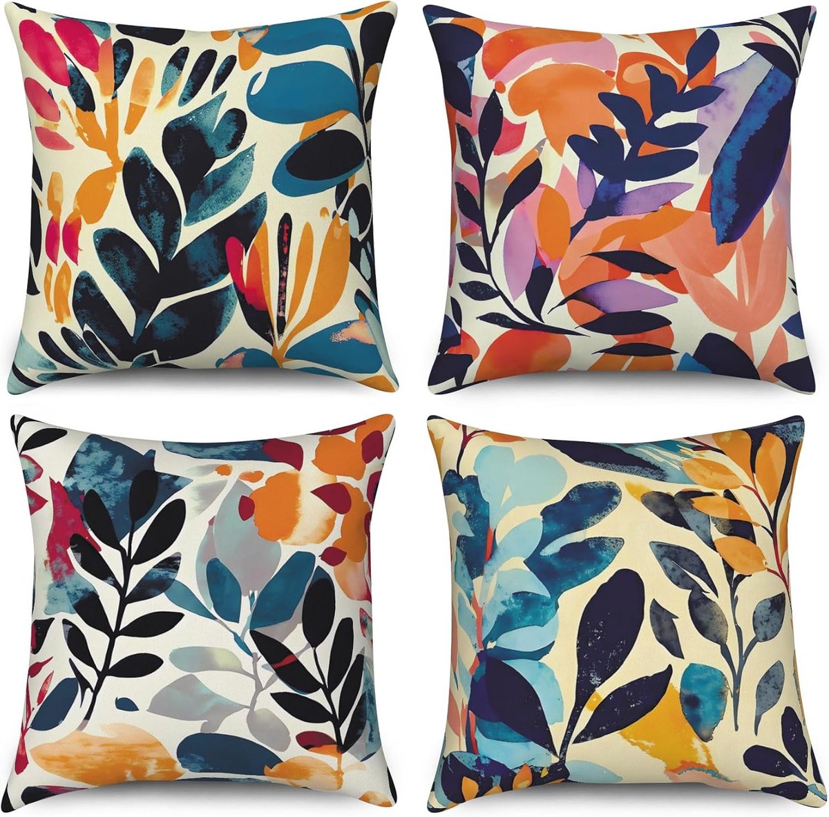 SnelShoppen - Cushionset 40x40 cm - Set van 4, Moderne Kunst Graffiti Bladeren, Kleurrijke Decoratieve Kussens, Wasbare Polyester, Geschikt voor Binne