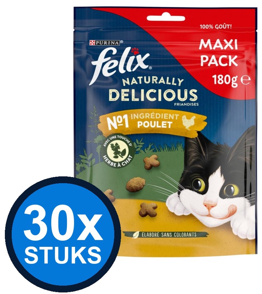 30x Felix - Naturally Delicious Snack Kip Maxipack - Kattenvoer Snacks - 180 g
