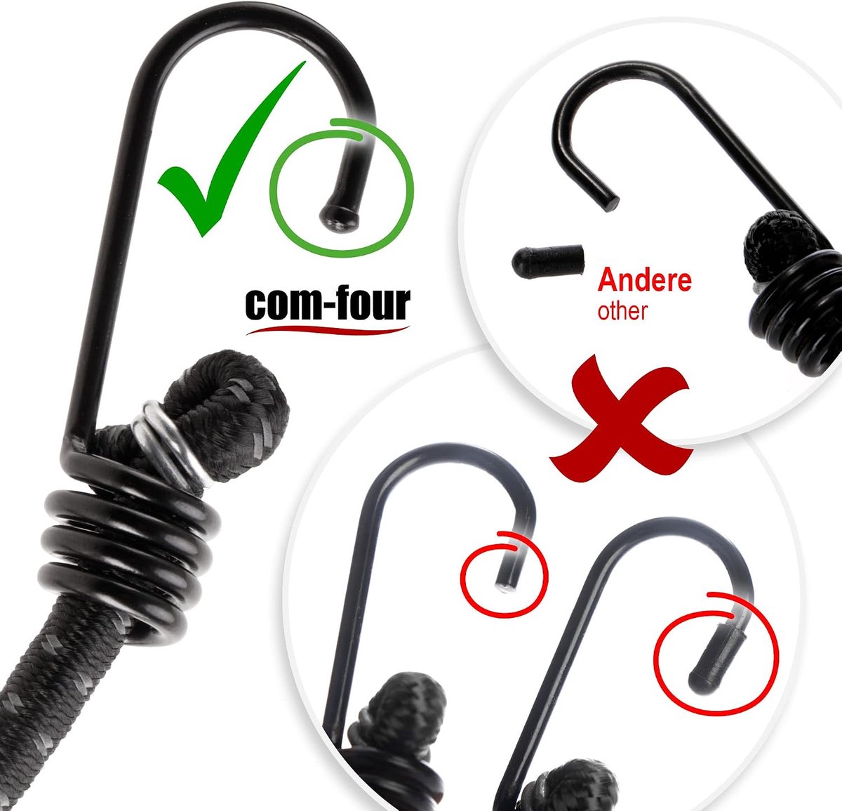 SnelShoppen - 10 Stuks Elastische Bungee Straps met Reflecterende Strepen - Luggage Straps in 4 Maten - Verlengbare Elastische Straps met Haak - Laste
