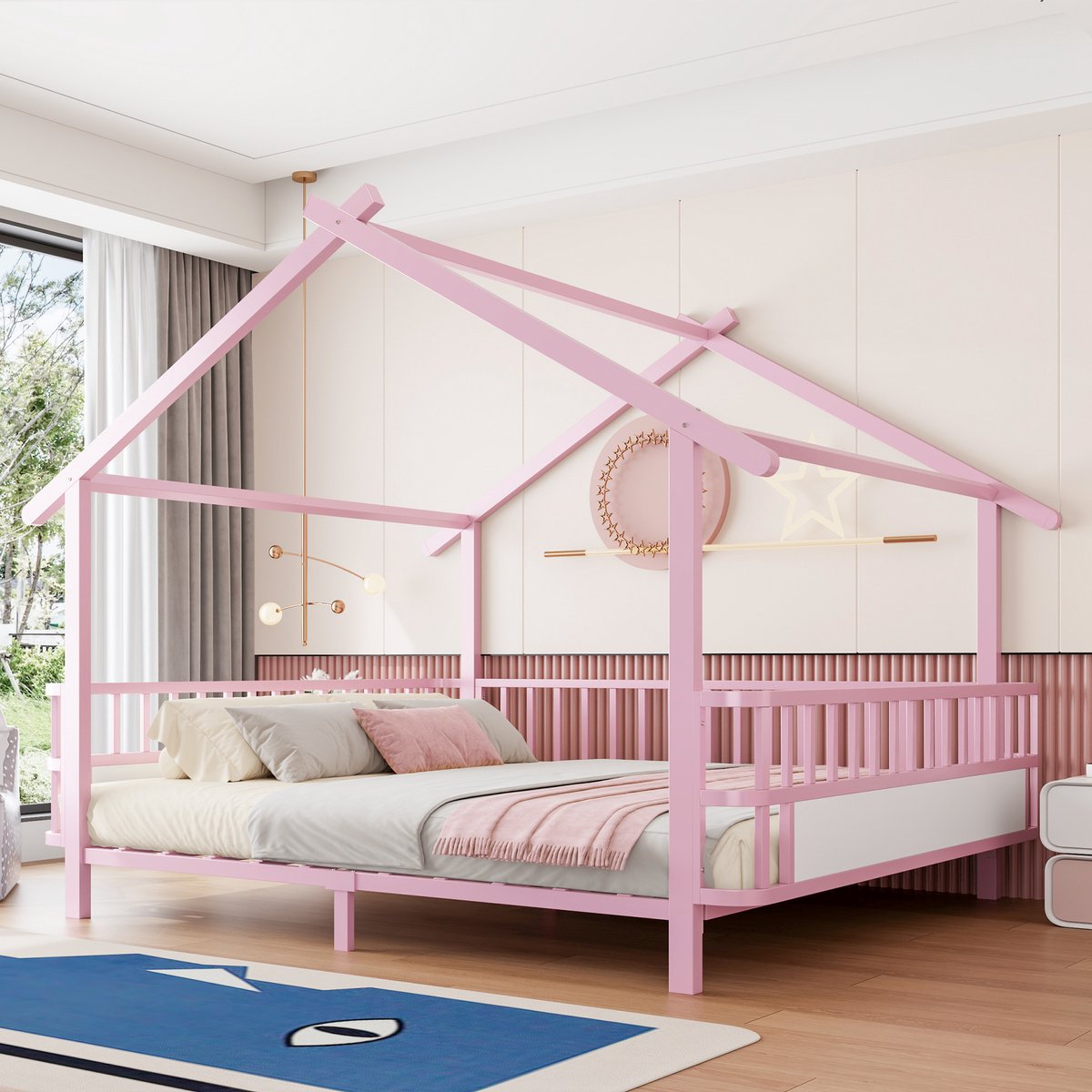 Kinderbed 140x200 cm - Met Dakframe En Veiligheidshek - Zonder Matras - Metalen Bed Voor Kinderkamer En Tienerkamer - Metaal - Roze