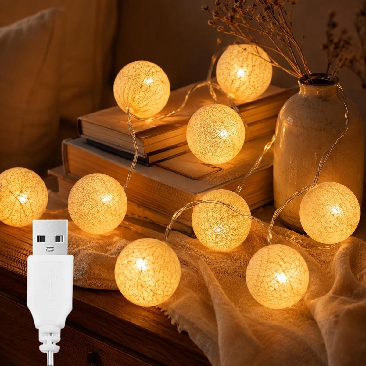SnelShoppen - USB Fairy Lights, 1.5 m String Lights met 10 Warme Witte LED Katoenen Bollen, 4 cm, Sfeervolle Verlichting voor Kinderkamer, Feest, Tuin