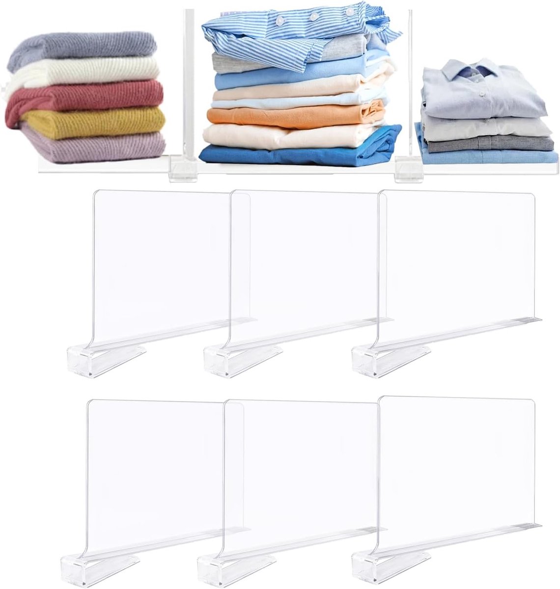Duidelijke Acrylaat Scheidingswanden voor Kasten, Verstelbare Organizer voor Kleding, Keuken en Boekenkasten - 6 Stuks, Ideaal voor Opbergruimte en Organisatie