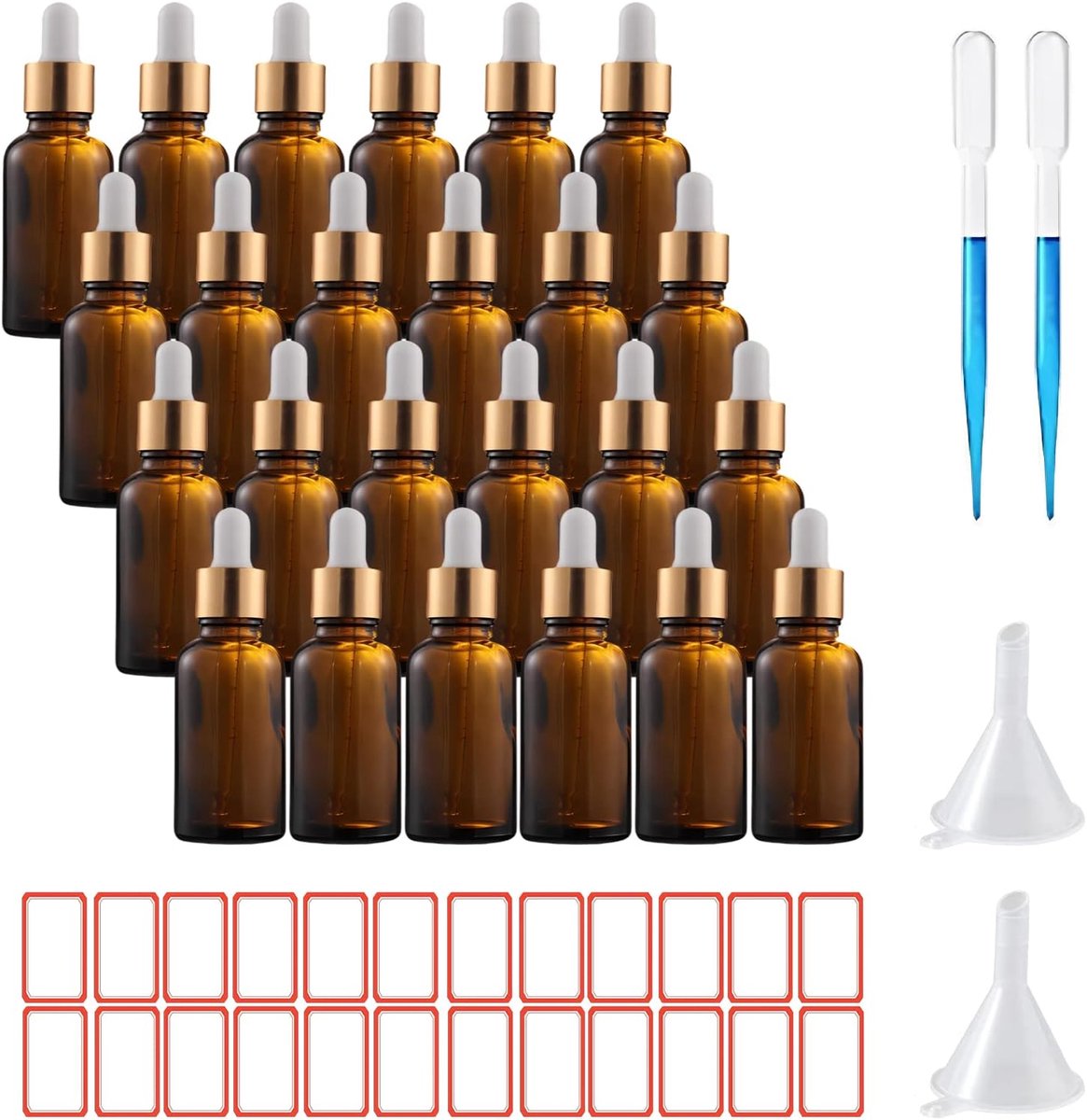 SnelShoppen - 24 x 30ml Amber Glazen Flesjes met Pipet - Essentiële Olie Flessen - UV Bestendig - Perfect voor DIY, Keuken, Tuin en Creatieve Projecte