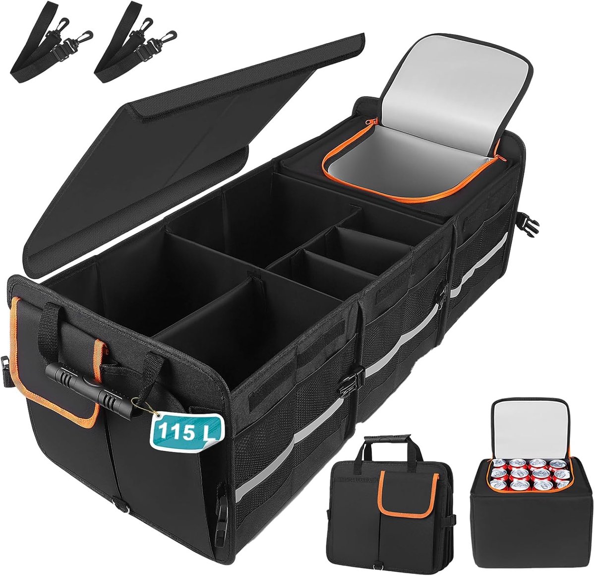 SnelShoppen - XXXL Auto Koffer Organiser met Deksel, 115 L Vouwbare Auto Opbergdoos en 24L Koeltas met 6 Compartimenten, Waterdicht, Antislip met Hand