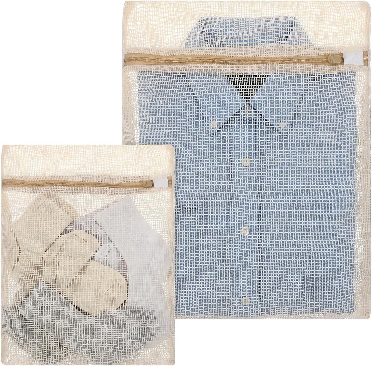 Set van 2 Katoenen Wasnetten voor Delicate Kleding, Ademend Met Rits voor Ondergoed, Sokken en Kledingstukken - 15,75×12 cm en 7,87×12 cm