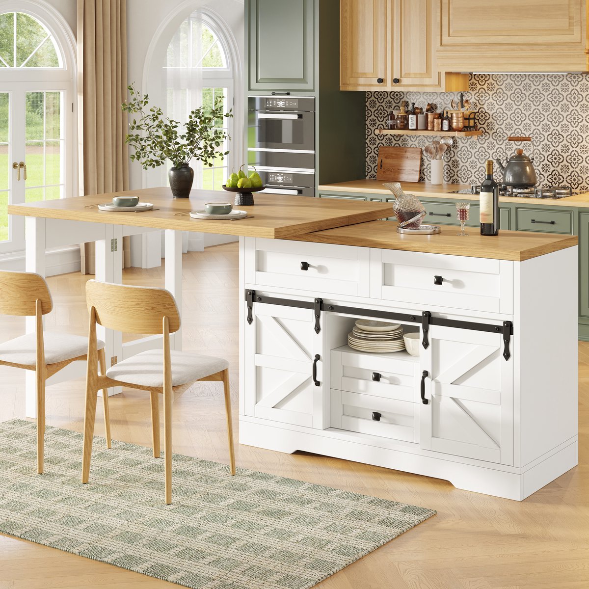 STILVORA Dressoir - Uitschuifbare Keukeneilandkast Met Draaibaar Blad En Laden - Voor Keuken En Eethoek - MDF - 197x40x72 Cm - Wit