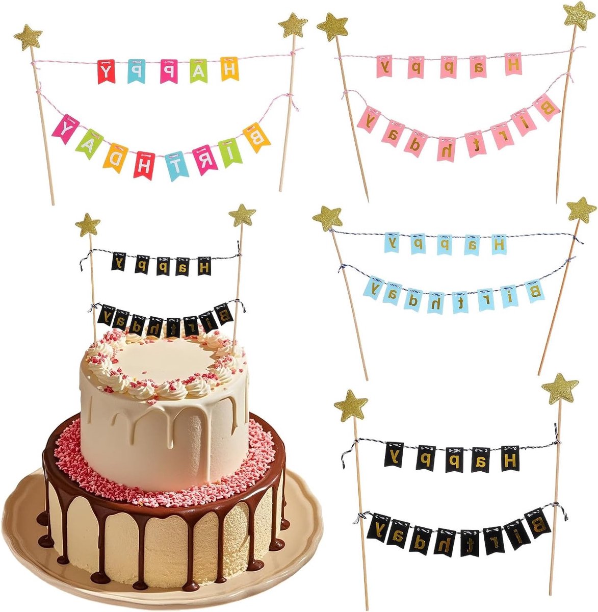 Happy Birthday cake banner 4 stuks - gouden ster cake topper - kleurrijke regenboog decoratie - perfect voor feestje - ShopVlot