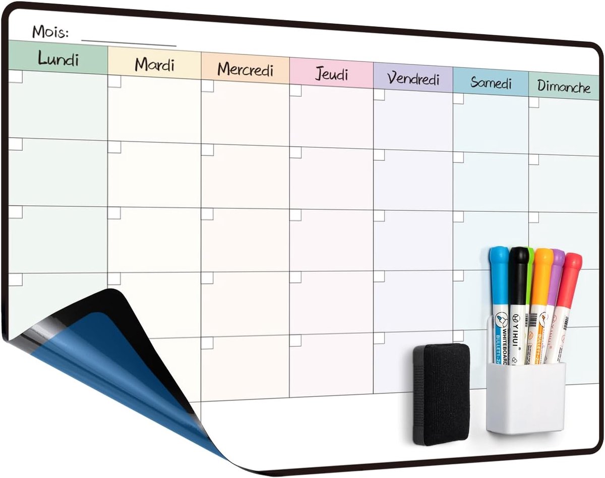 SnelShoppen - Franse Whiteboard Weekplanner - Zelfklevend Maandkalender - Ideaal voor Muur, Glas en Houten Deur - Non-Magnetisch - Rolled Up Levering