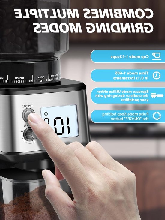 Elektrische Koffiemolen met Kegelvormige Maalschijf – 51 Maalinstellingen, Afneembare Houder en Reservoir – Perfect voor Espresso, Filterkoffie en Cold Brew (Zilver) — afbeelding 3