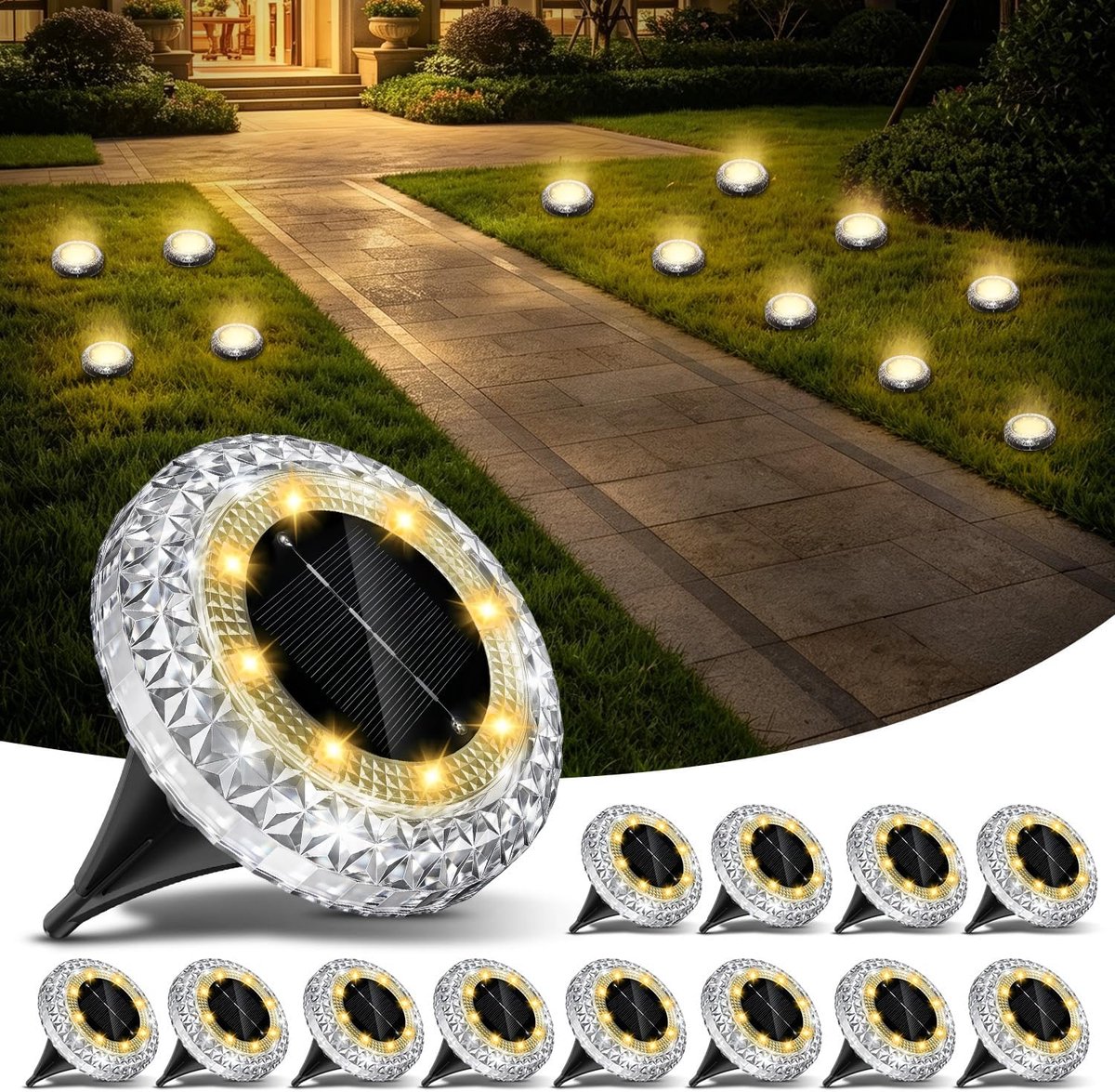 Solar Grondlampen Set 12 Stuks - LED Tuinverlichting Op Zonne-energie - Warm Wit Licht - 8 LED - IP65 Waterdicht - Automatische Buitenverlichting Voor Gazon, Pad, Oprit En Terras