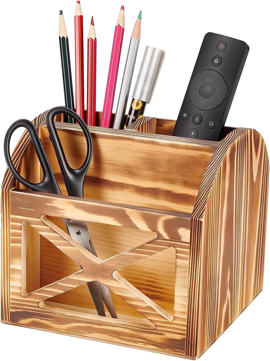 Rustieke Bureau Organizer van Hout, Vintage Afstandsbediening Houder, Kantoorbenodigdheden, Tafelblad Organizer, 3 Slots voor Woonkamer en Thuiswerkplek, 16x15,1cm