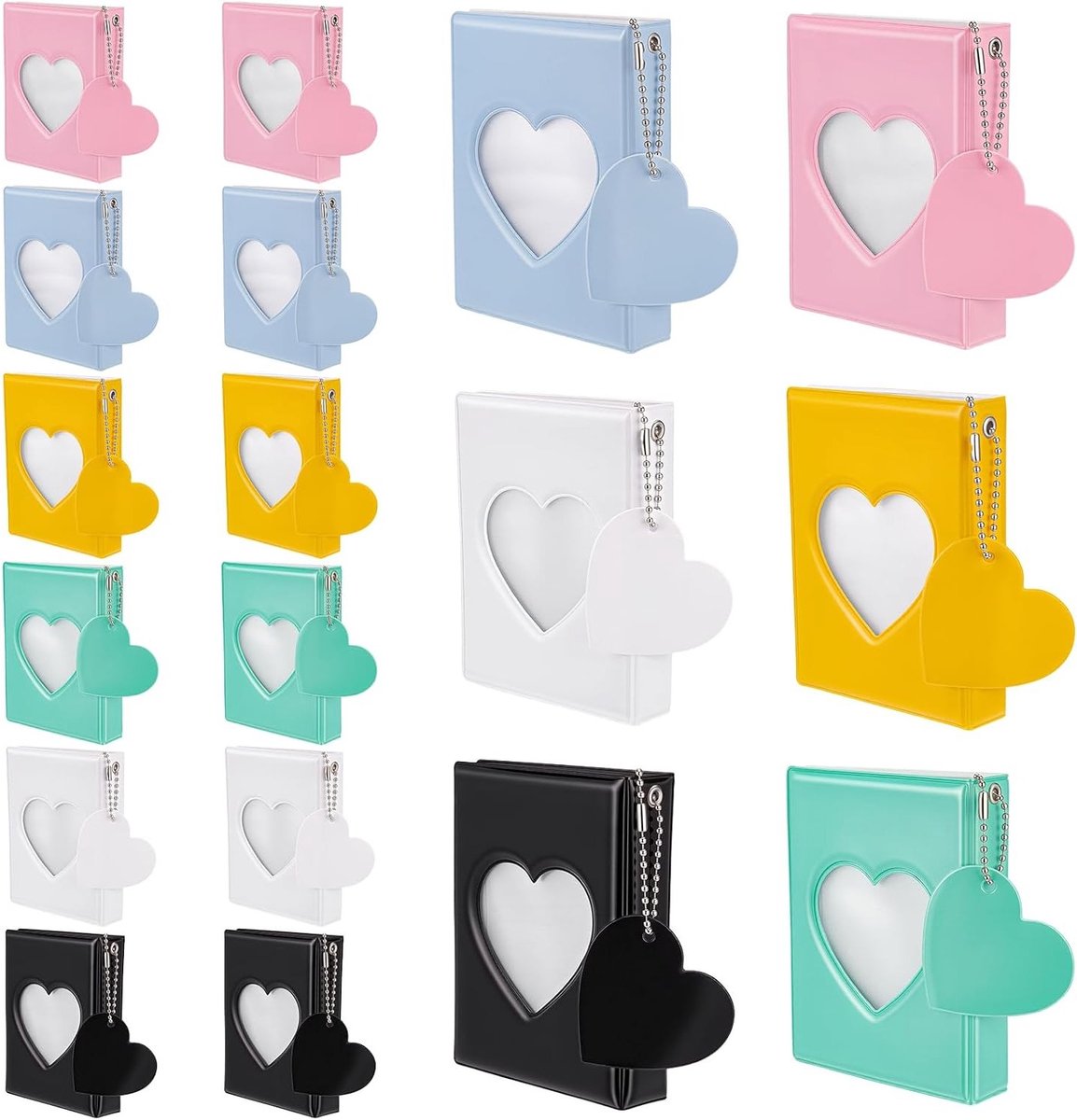 Miniatuur fotoalbum met hartvormige hanger, 32 vakken, perfect voor foto's en herinneringen, beschikbaar in 6 kleuren, compact formaat 8,45 cm