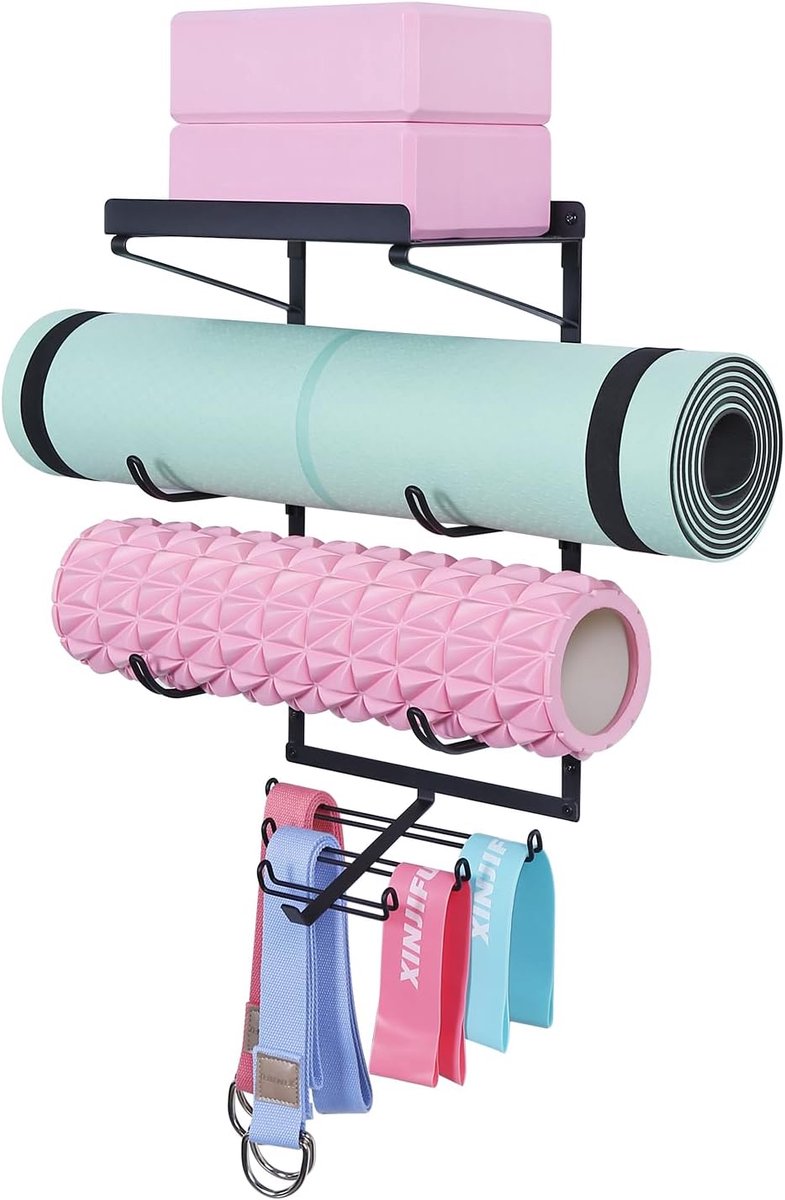 SnelShoppen - Yoga Mat Holder Wandbeugel - Yoga Mat Opslag Rek met 3 Secties en 7 Haakjes voor Foam Roller en Weerstandsbanden - Fitness Accessoires v