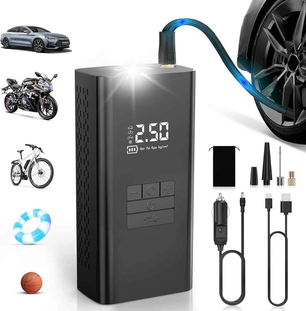 SnelShoppen - Draagbare Luchtcompressor, 45 L/Min, 6000 mAh Accu, Snelle Pomp, Energiebank, LED-Licht, 4 Modus, Ideaal voor Auto's, Fietsen, Motoren e