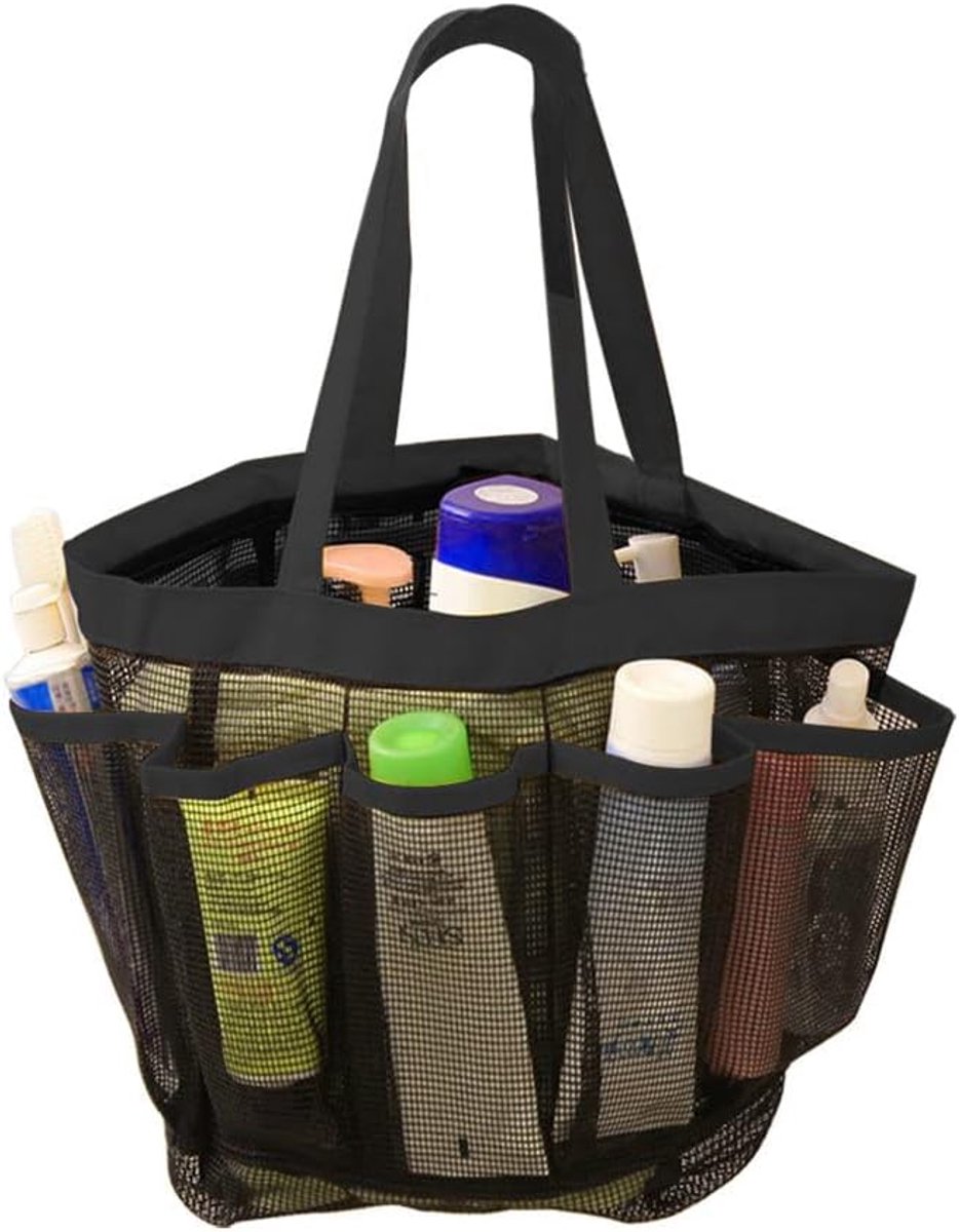 SnelShoppen - Mesh Douchtas - Portable Toilettas met 8 Vakken - Sneldrogend Nylon Mesh - Ideaal voor Gym, Zwemmen, Camping, Badkamer - Zwart