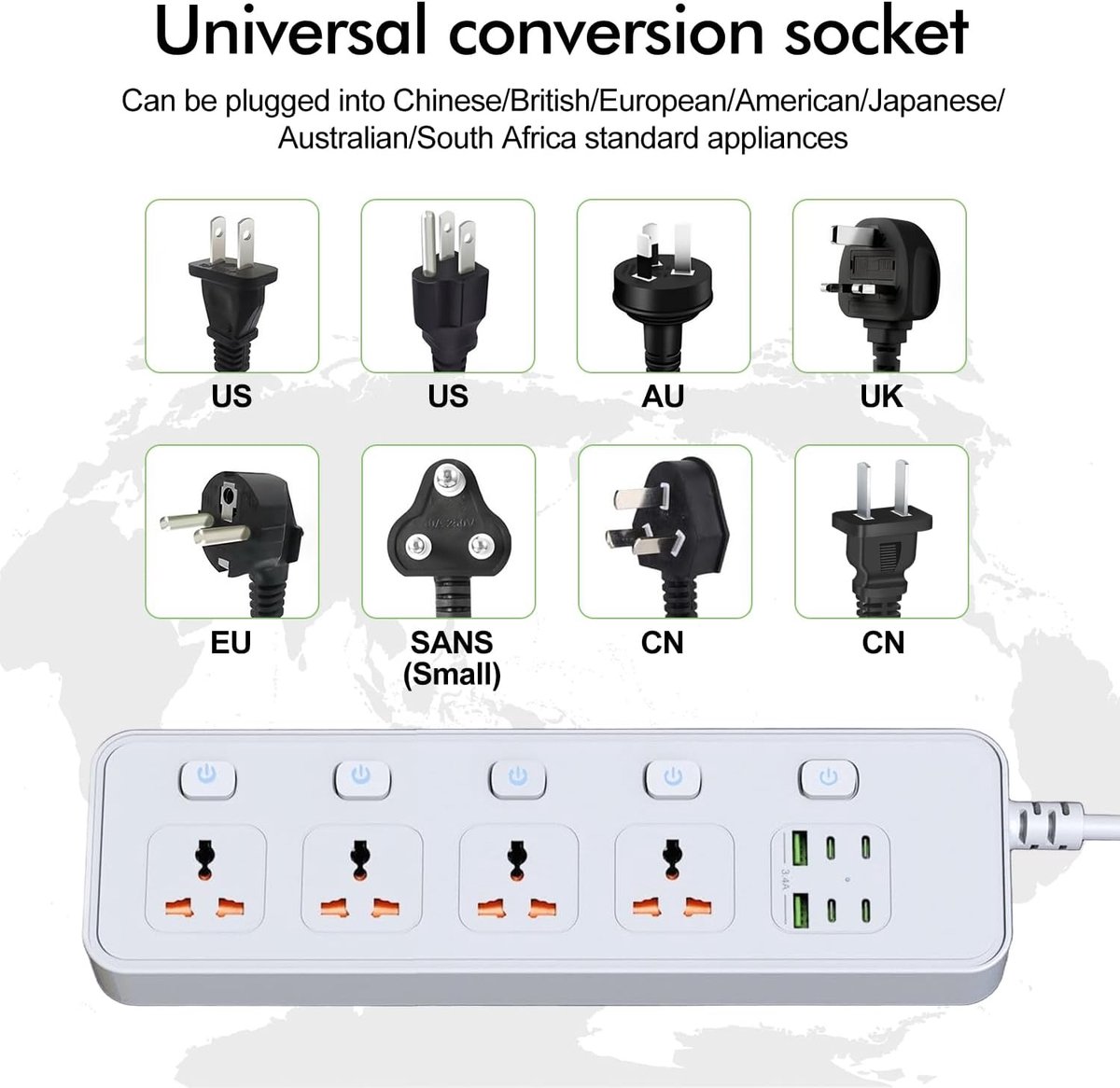 SnelShoppen - USB Slot Extension Cable, 4-Way Sockets met 4 USB-C Poorten en 2 USB Poorten, 3250W Enkelvoudige Schakelaar, 1.8m Verlengsnoer met Bevei