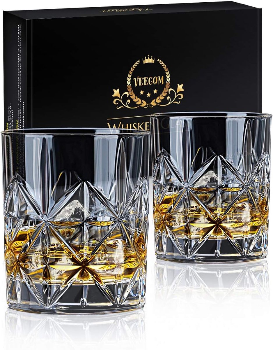 SnelShoppen - Whiskey Glazen Set van 2 - 315ml Old Fashioned Rum Glazen - Whisky Gift Set voor Mannen - Tumbler Glazen voor Scotch en Cocktails - Perf