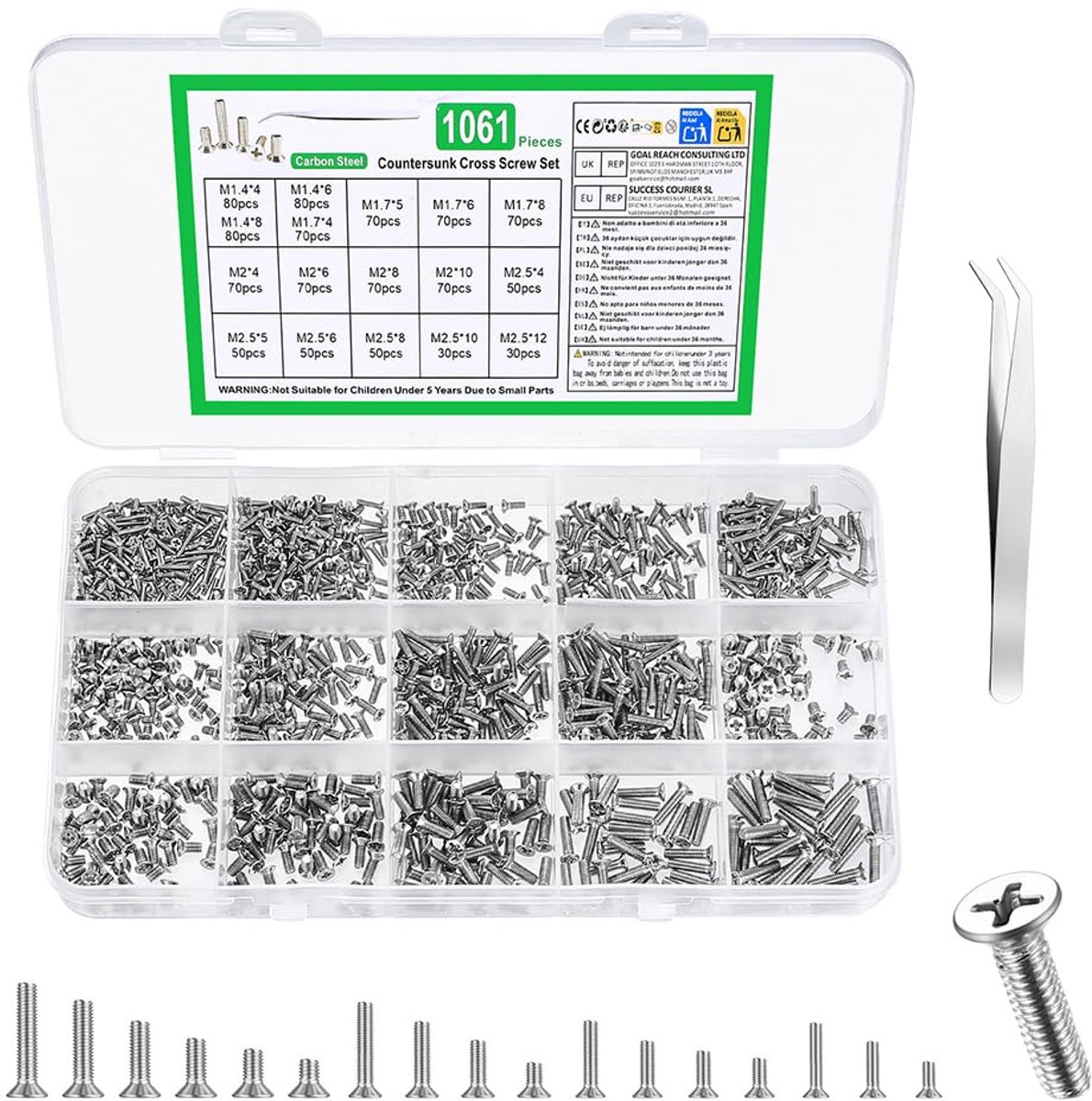 SnelShoppen - 1061 Pcs Mini Schroeven Set M1.4 M1.7 M2 M2.5 - RVS Countersunk Machine Schroeven Assortiment voor Horloges, Computer, Brillen - Hoogwaa