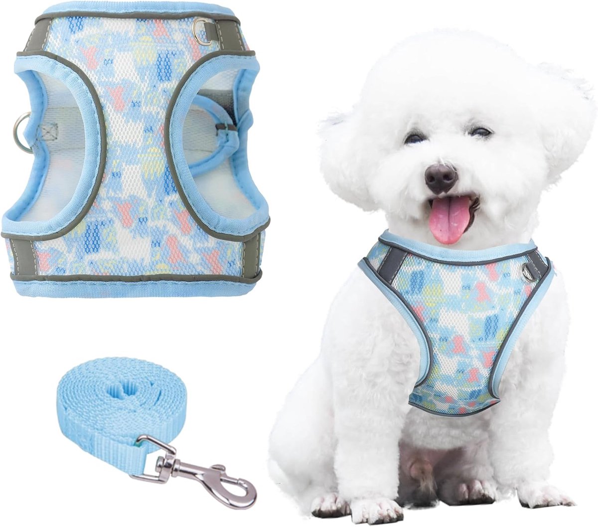 SnelShoppen - Hondenharnas Antitreksysteem Zacht Verstelbaar Ademend Reflecterend Gevoerd Puppy Bloemenprint Comfortabel Blauw XS